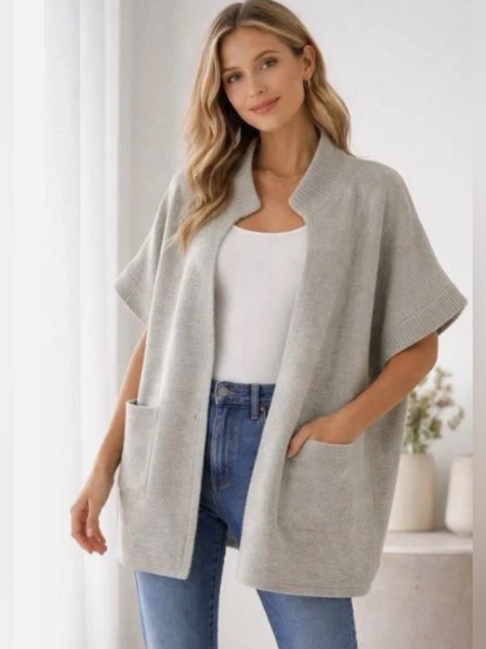 By Anthropologie Sweater Cardigan One-Size Wool-Blend Short-Sleeve Gray